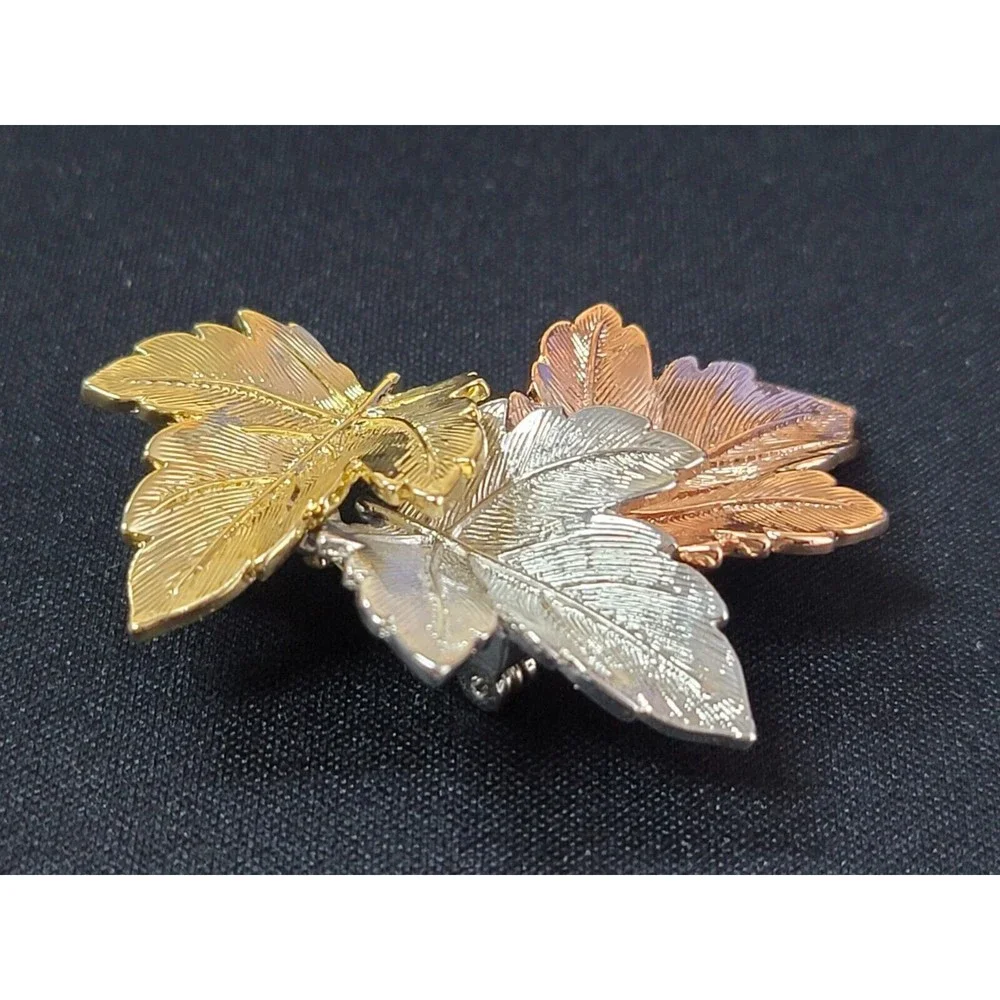 3 Maple Leaves Brooch‎ Pin Gold Silver Cooper Vintage Autumn Fall Colorful